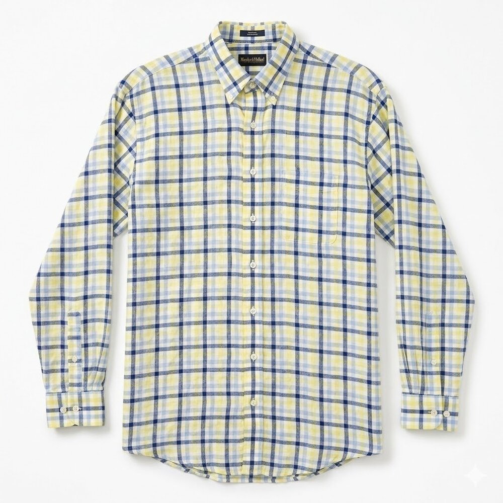 Moseley & Holland Shirt Men’s Medium 100% Linen Yellow Blue Plaid Button Down